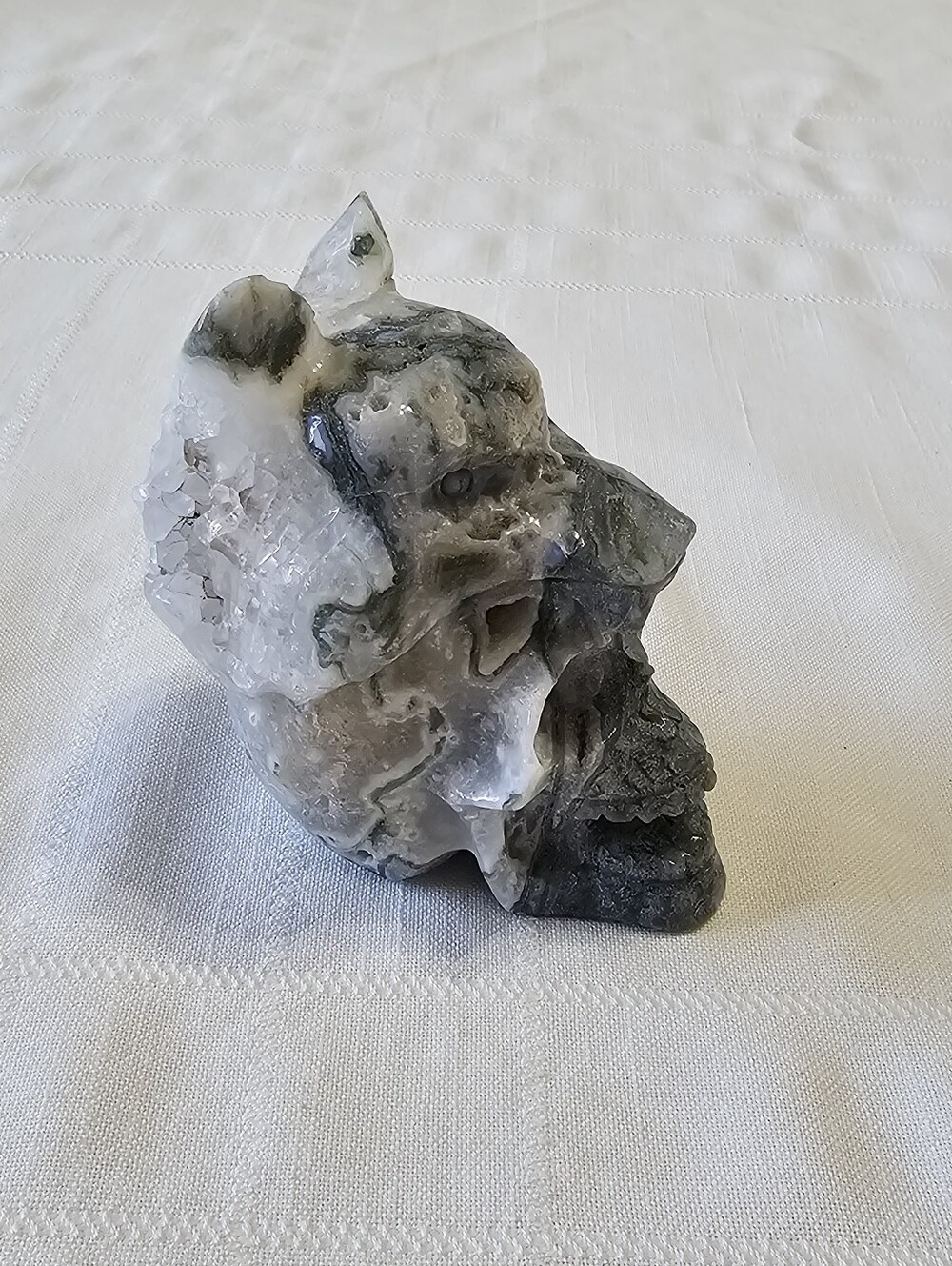 Carved Moss Agate Wolf On Skull Sculpture